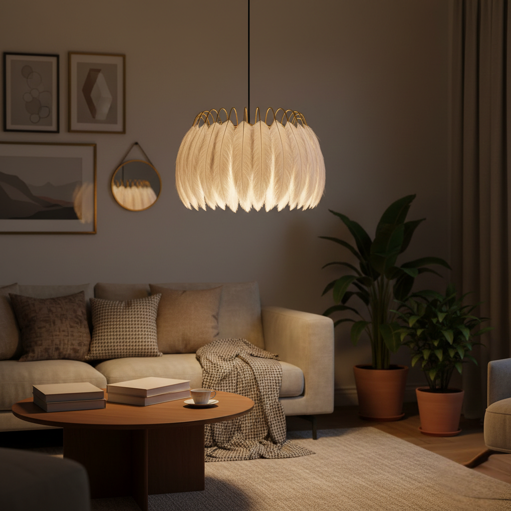 Abat Jour Suspension Plume Blanche – Luminaire Bohème