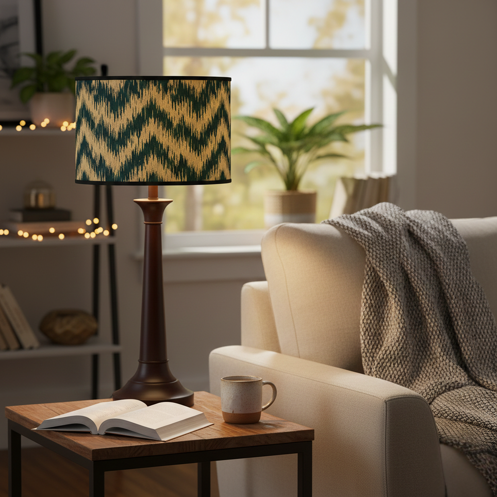 Abat Jour Bambou – Tambour Motifs Vagues Vertes