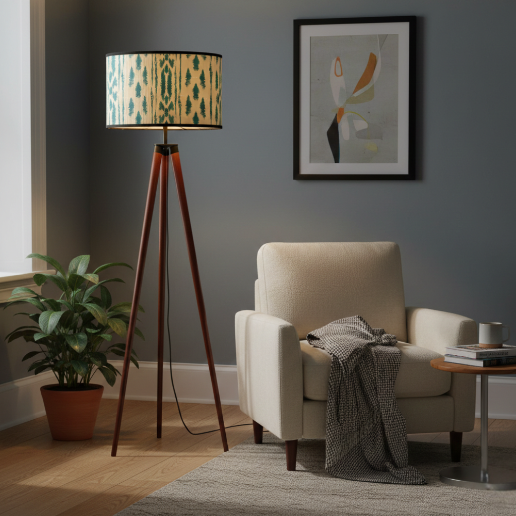 Abat Jour Bambou – Tambour Motifs Bleus Cascade