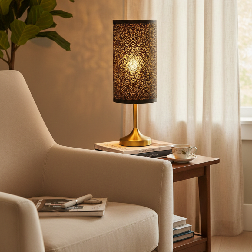 Abat Jour Métal Floral – Cylindrique Doré